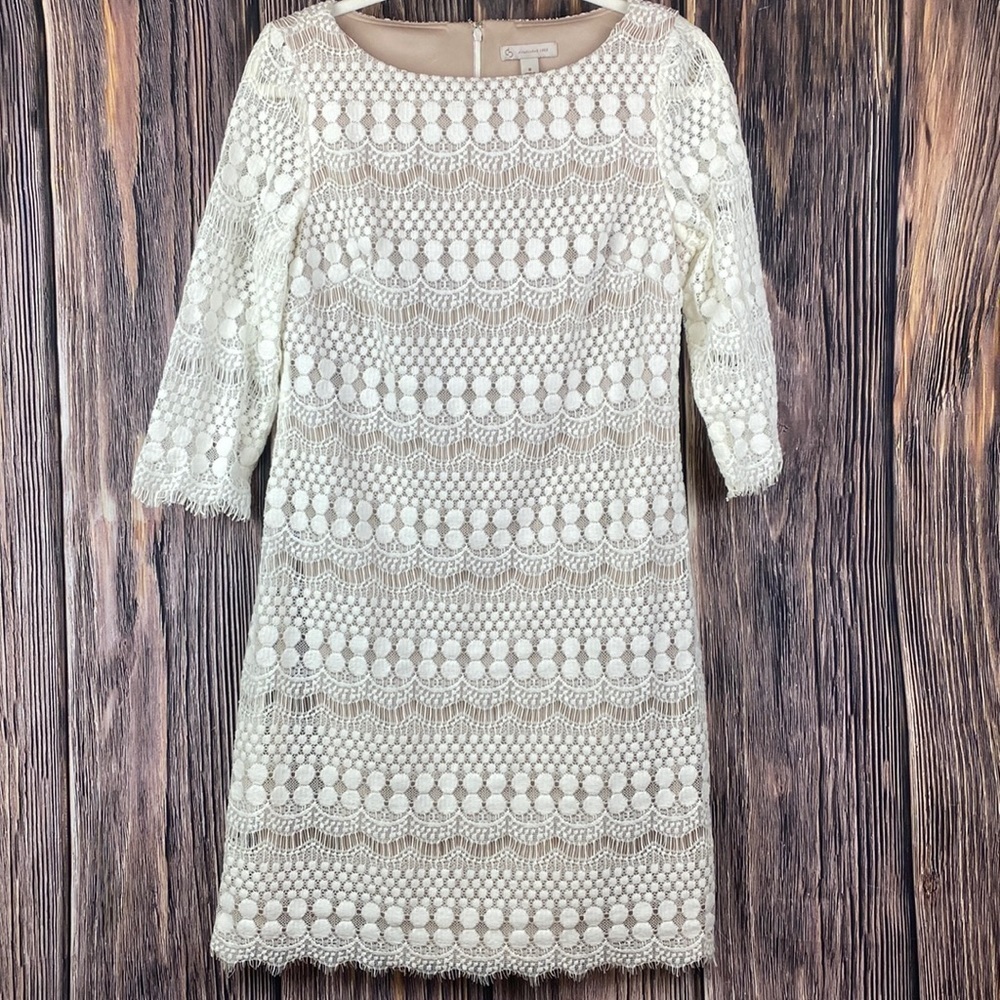 CB Established 1962 White Crochet White Overlay Dress W/ 3/4 Sleeves- Sz 8